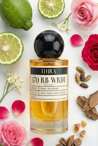 170 RB WRDT perfume bottle styled with bergamot jasmine rose musk sandalwood amber fragrance note ingredients, delicate, warm, soft and alluring notes