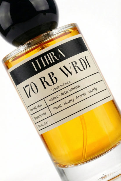 Close-up of 170 RB WRDT perfume by Ithra, citrus floral musky amber woody women's perfume, available in 50ml and 100ml