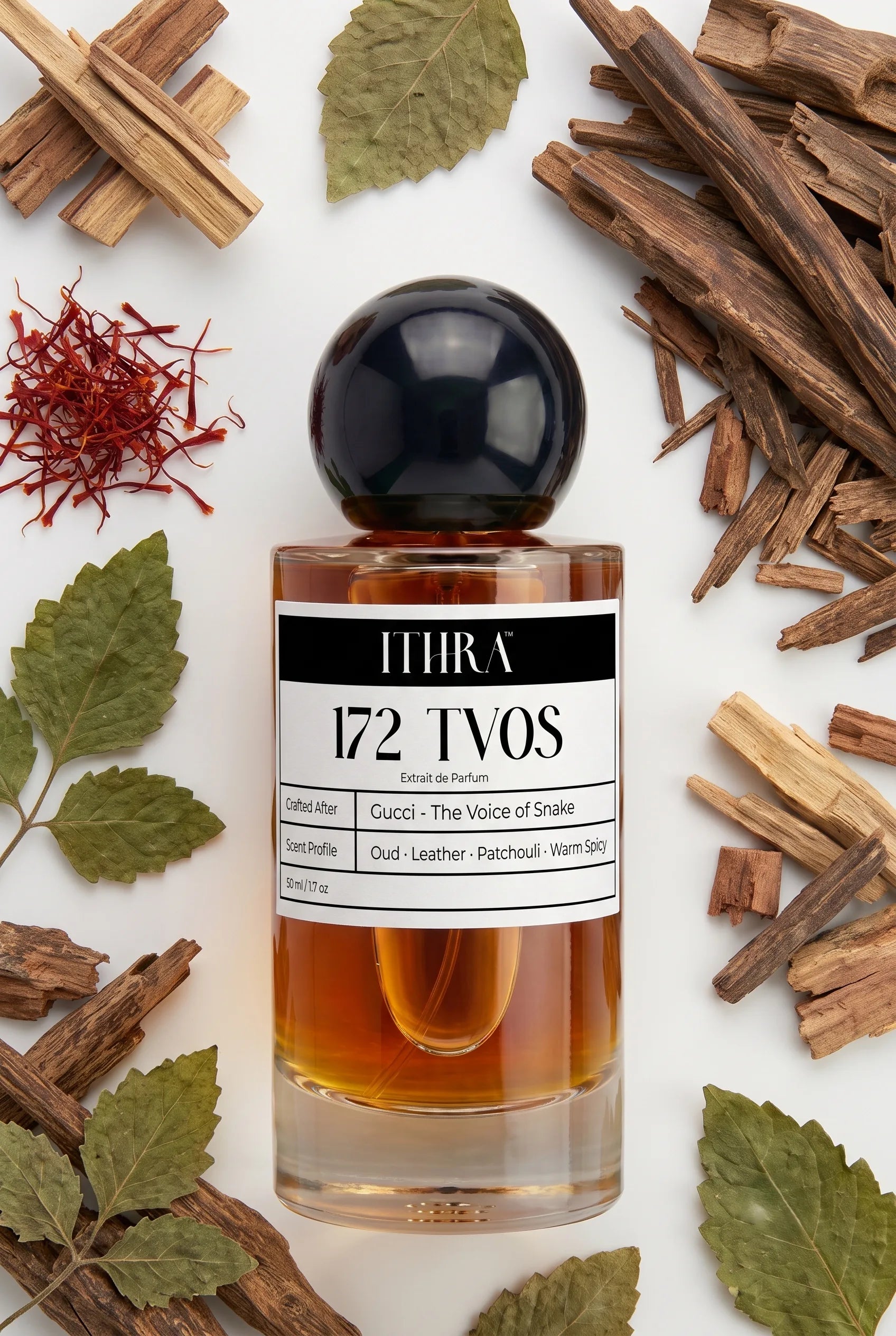 172 TVOS perfume bottle styled with agarwood oud, saffron and patchouli fragrance ingredients, smoky, golden, deep and sensual notes