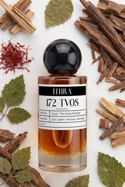 172 TVOS perfume bottle styled with agarwood oud, saffron and patchouli fragrance ingredients, smoky, golden, deep and sensual notes