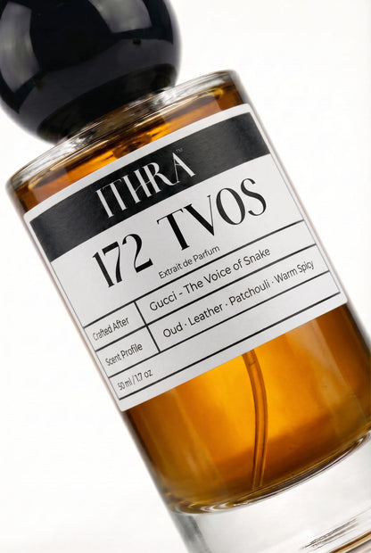 Close-up of 172 TVOS perfume by Ithra, oud leather saffron patchouli warm spicy, available in 50ml and 100ml