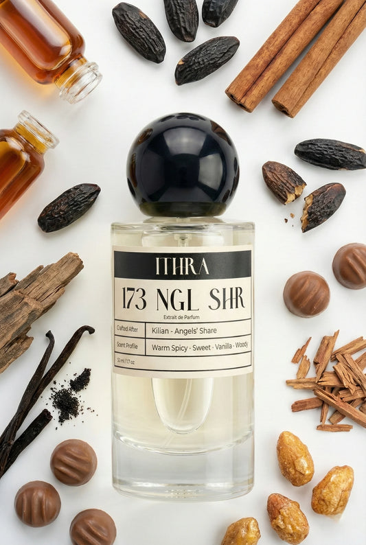 173 NGL SHR perfume bottle styled with cognac cinnamon tonka bean vanilla praline sandalwood candied almond fragrance ingredients, celebratory, warm, deep and sensual notes
