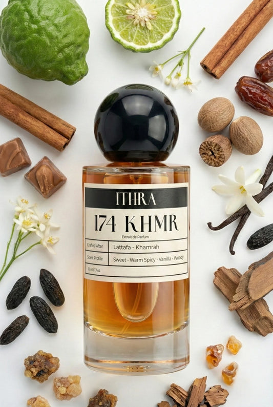 174 KHMR perfume bottle styled with cinnamon nutmeg dates praline tuberose vanilla tonka bean myrrh benzoin fragrance ingredients, warm, opulent, deep and sensual notes