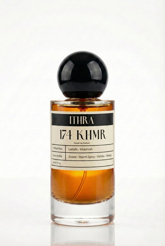 174 KHMR sweet vanilla warm spicy woody unisex perfume by Ithra, golden and luxuriant