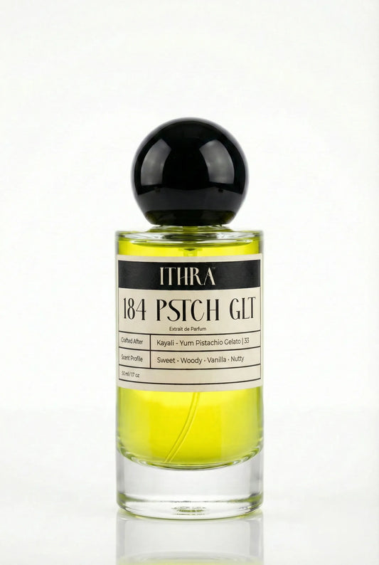 184 PSTCH GLT gourmand sweet pistachio vanilla woody unisex perfume by Ithra, playful and indulgent
