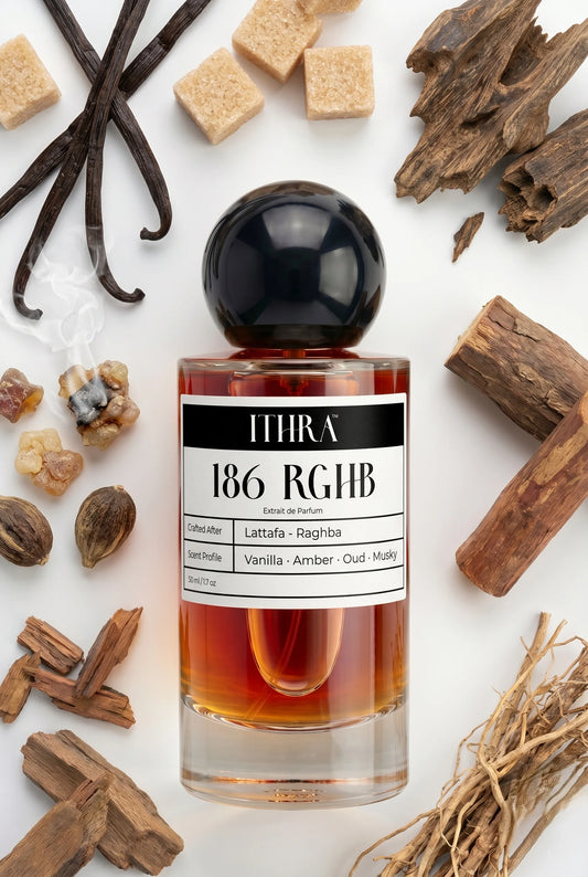 186 RGHB perfume bottle styled with vanilla, agarwood oud, incense and sandalwood fragrance ingredients, sweet, smoky, deep and sensual notes