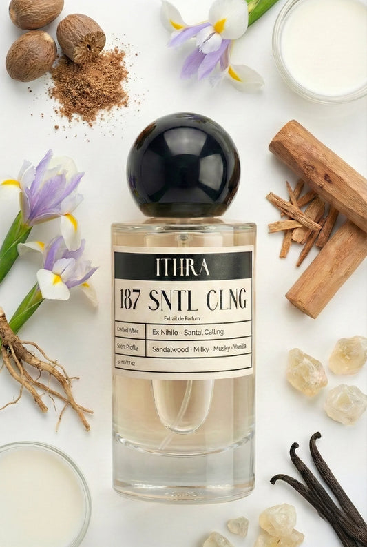 187 SNTL CLNG perfume bottle styled with nutmeg iris milk sandalwood musk vanilla fragrance ingredients, creamy, grounding, soft and alluring notes