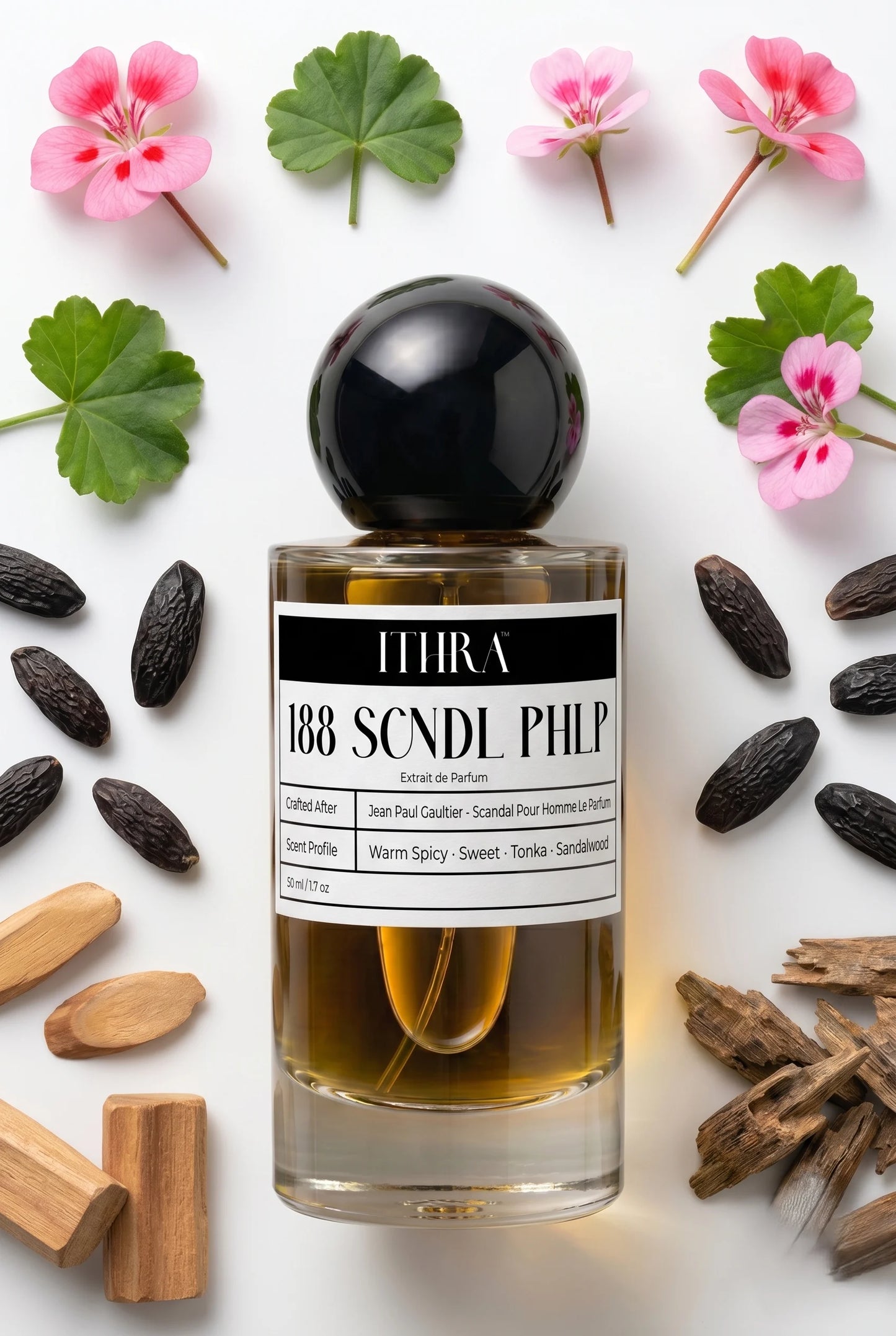 188 SCNDL PHLP perfume bottle styled with geranium, tonka bean and sandalwood fragrance ingredients, warm, velvety, deep and sensual notes