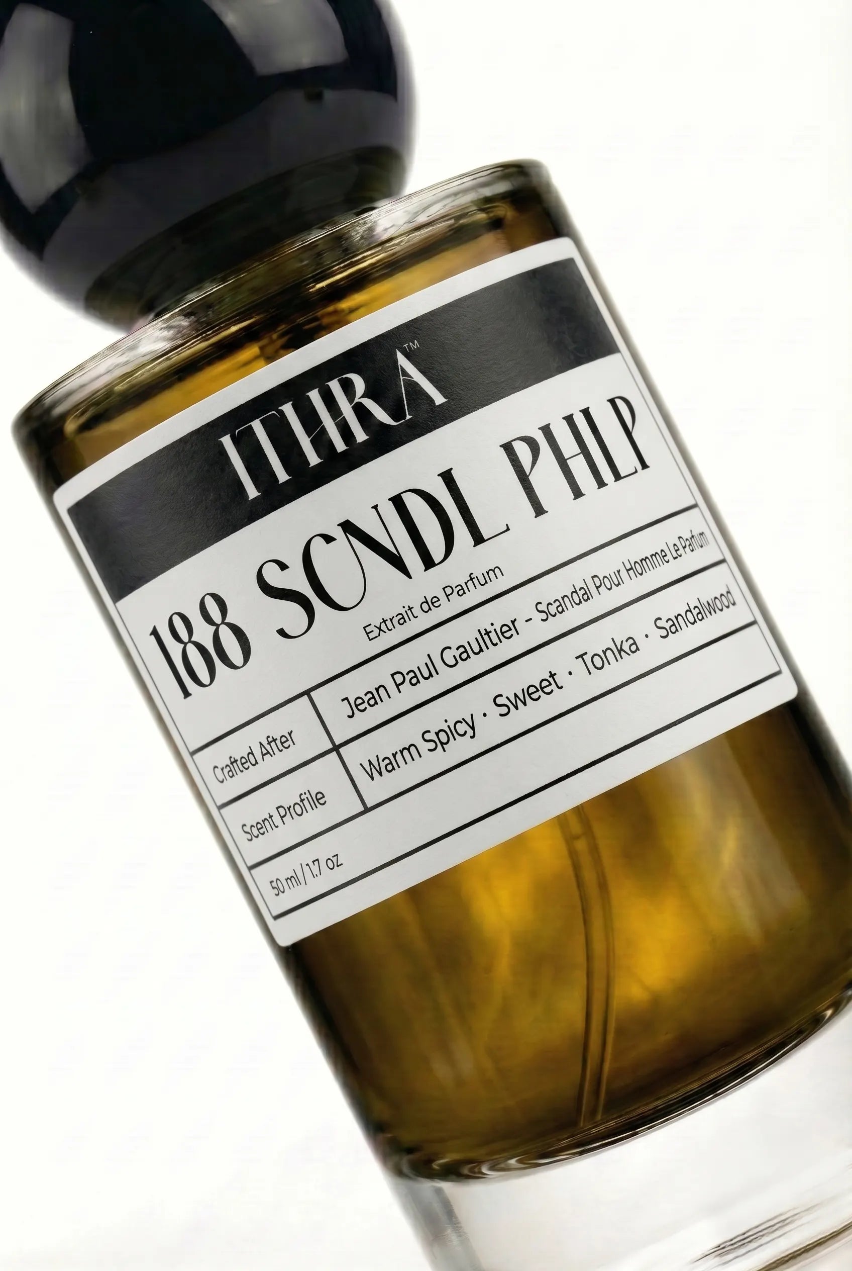 Close-up of 188 SCNDL PHLP by Ithra Perfumes, warm spicy sweet tonka sandalwood, available in 50ml and 100ml