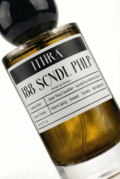 Close-up of 188 SCNDL PHLP by Ithra Perfumes, warm spicy sweet tonka sandalwood, available in 50ml and 100ml