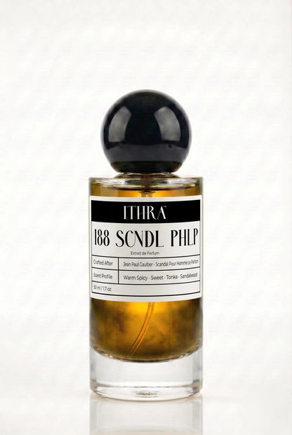 188 SCNDL PHLP warm spicy sweet tonka sandalwood men's fragrance by Ithra Perfumes, bold and sensual
