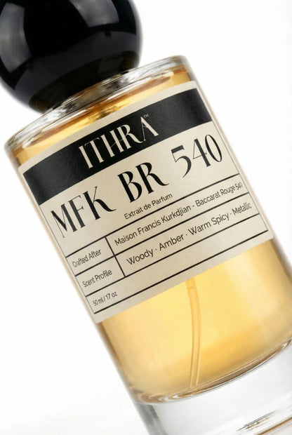 Close-up of BR 540 perfume by Ithra, oriental warm spicy floral metallic amber woody unisex perfume, available in 50ml and 100ml
