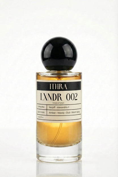 LXNDR 002 aromatic warm spicy oud woody amber unisex perfume by Ithra, noble and commanding