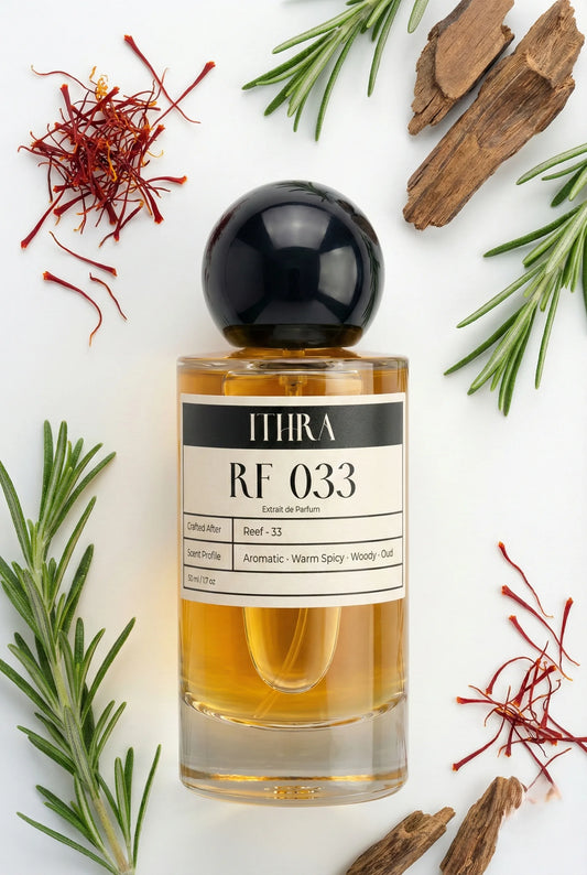 RF 033 perfume bottle styled with Indian saffron rosemary agarwood fragrance ingredients, meditative, earthy and refined notes