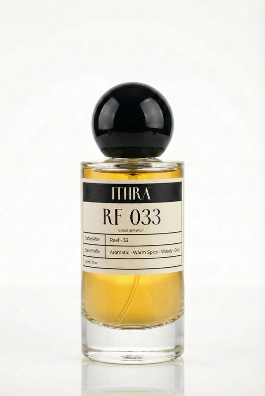 RF 033 warm spicy aromatic oud unisex perfume by Ithra, refined and grounded