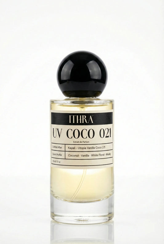 UV COCO 021 coconut vanilla white floral musky unisex perfume by Ithra, creamy and radiant