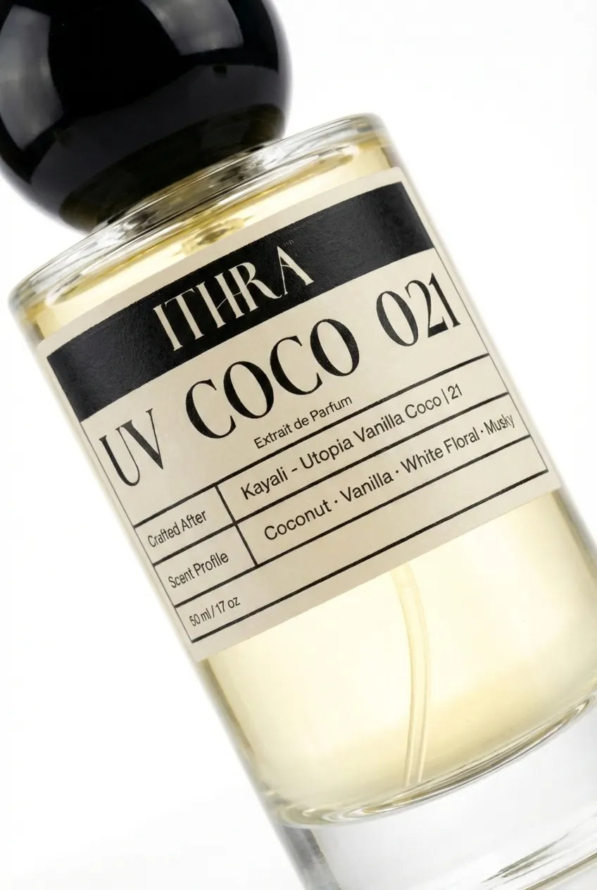 Close-up of UV COCO 021 perfume label by Ithra Perfumes, vanilla coconut white floral gourmand musky unisex perfume, available in 50ml and 100ml